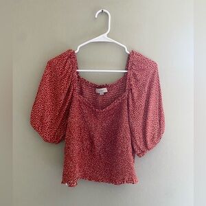 LOFT Burnt Orange and White Polka Dot Puff Sleeve Blouse